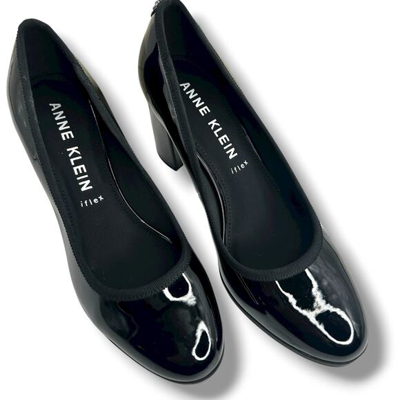 Anne Klein Castana Round Toe Block Heel Pumps Size 8 Black Patent Leather Heels - Picture 3 of 10